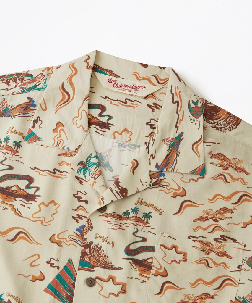 OUTSTANDING Hawaiian Open Collar Half Shirt Surfing_Beige