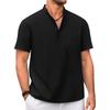 Cotton Linen T-shirt for Men Henley Neck Casual Solid Color Tees Short Sleeve Lightweight Breathable Vacation Beach Style Tops