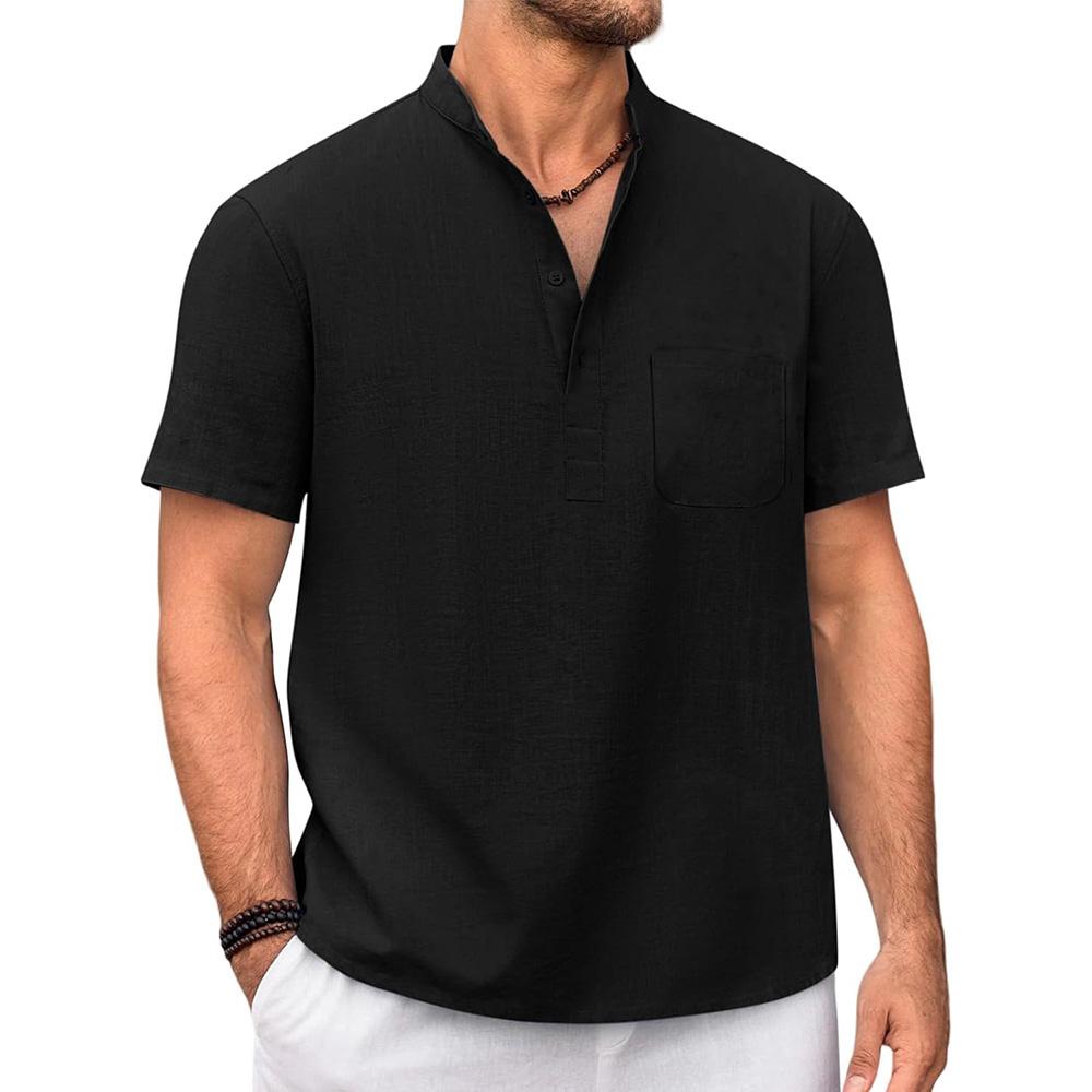 Cotton Linen T-shirt for Men Henley Neck Casual Solid Color Tees Short Sleeve Lightweight Breathable Vacation Beach Style Tops