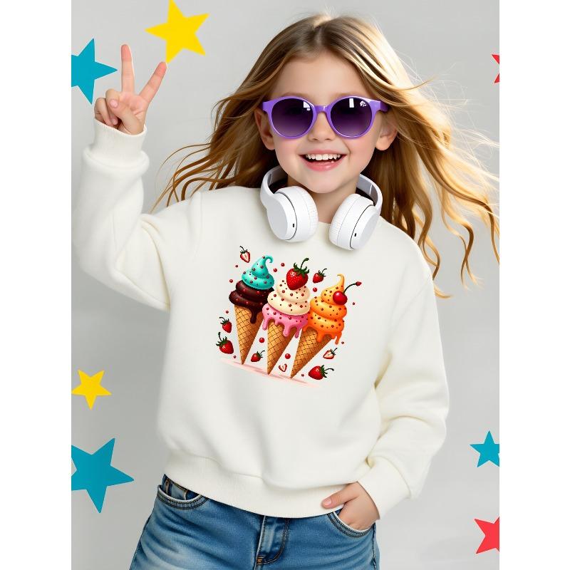 Girls' Soft Crewneck Sweatshirt Colorful Ice Cream Cones with Strawberries And Cherries with Cute Creative Print, Casual All-Match for Fall Winter