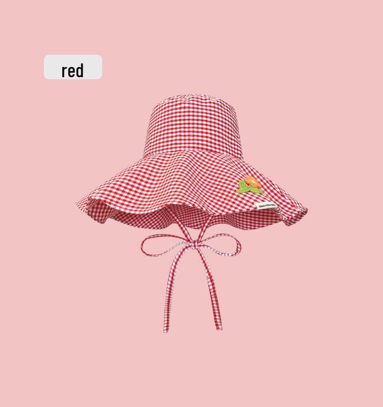 Women's Korean Checkered Wide Brim Fisherman Hat with Butterfly Tie for Summer Sun Protection