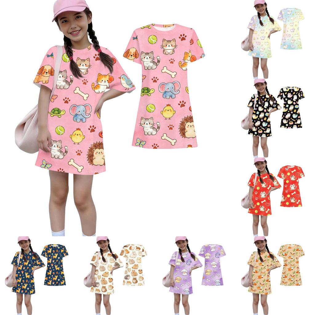 Girls Animal Print Dress Short Sleeve Round Neck Loose Fit Lightweight Casual Summer Dress for Kids