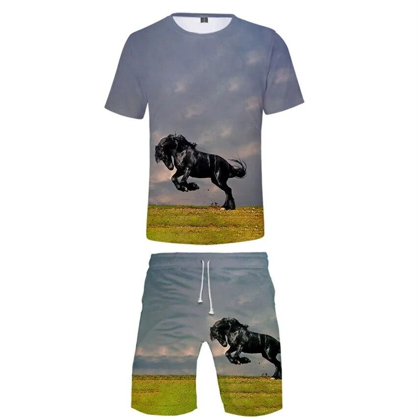 

Комплект из двух предметов с 3D принтом в виде животного динозавра и лошади, модная летняя милая футболка + шорты, костюм, крутая футболка в стиле Харадзюку, уличная одежда 6XL