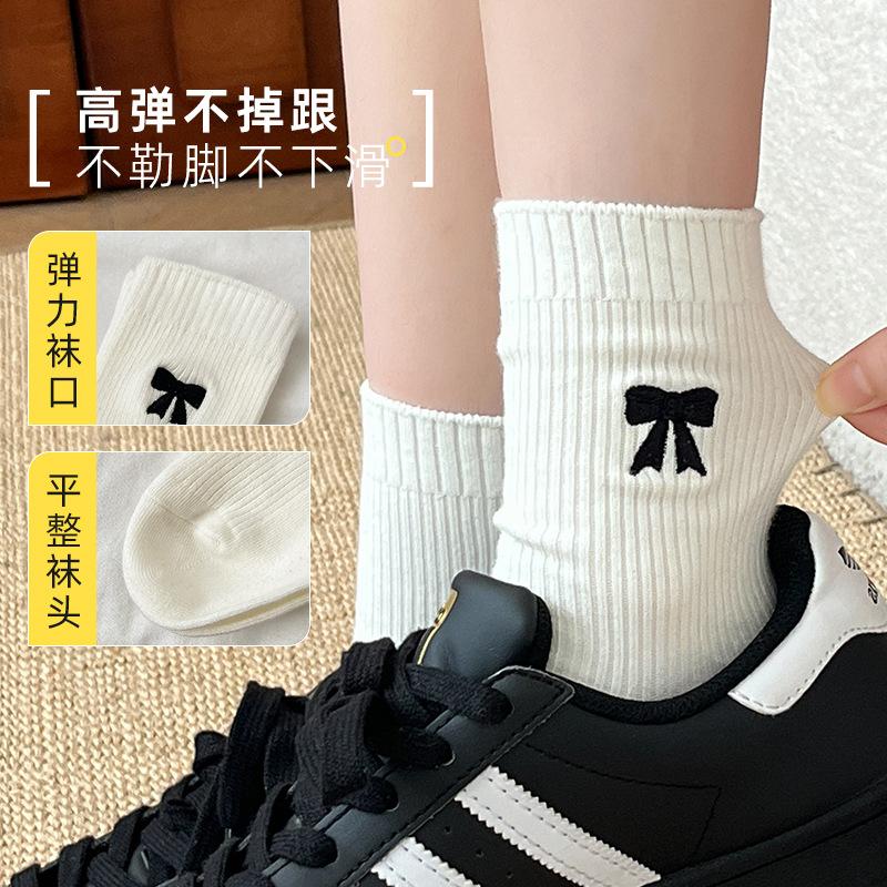 Bow Socks Women'S Autumn Korean Wind Cotton Socks Retro Medium Tube Socks Solid Color Women'S Socks Medium Tube Stacking Socks