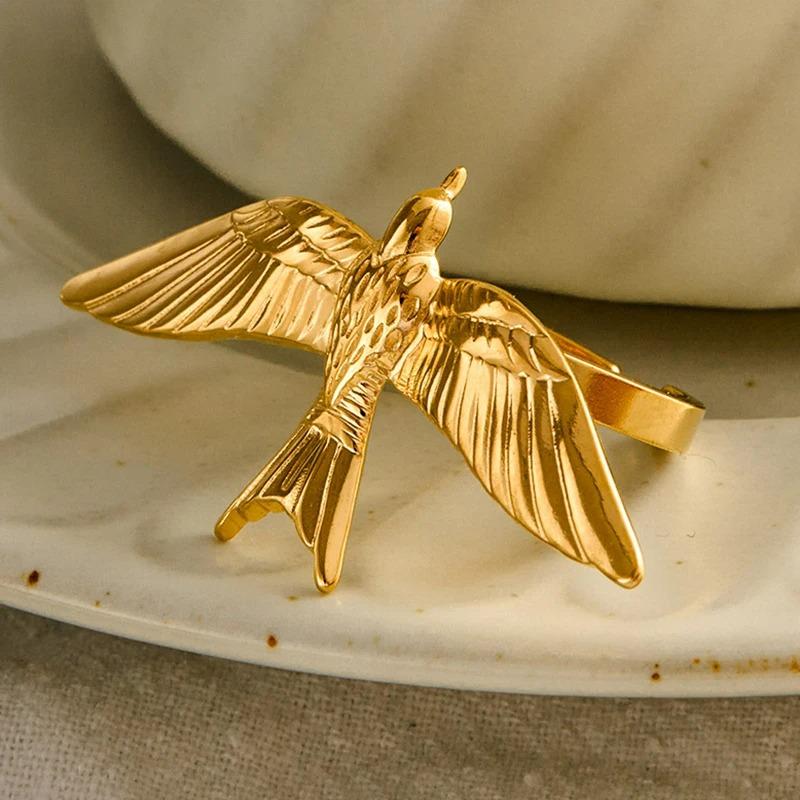 Stainless Steel Peace Dove Elegant Open Rings for Women Adjustable Punk Style High-End Retro Style Non Fading Zircon Accessory