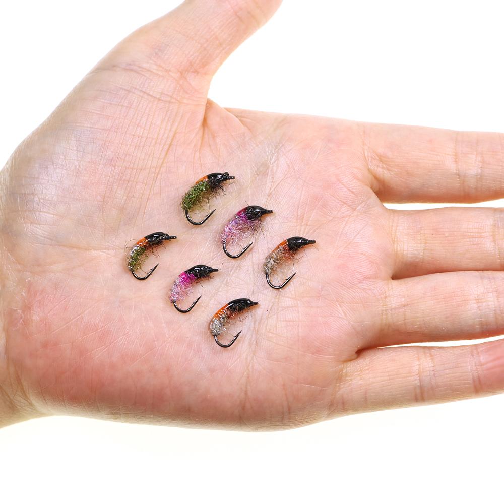 6PCS Scud Nymph Flies Copper Wire Weighted Flash Dubbing Caddis Larva Emerger Fly Fishing for Trout Czech Nymphing River Fishing