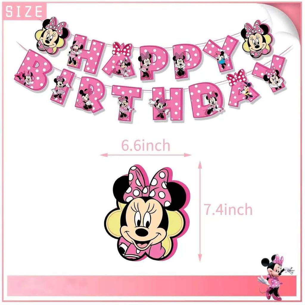 62 Psc For Minnie Birthday Party Supplies Set, Pink Theme, with Banner, Plates, Cups, Utensils, Napkins, Tablecloth