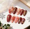 Handmade Christmas Rhinestone Nails with 3D Flowers, Gold Snowflakes & Bowknot Decor - Almond Shape False Nail Art
