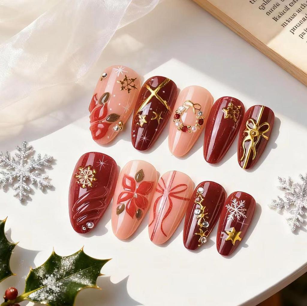 Handmade Christmas Rhinestone Nails with 3D Flowers, Gold Snowflakes & Bowknot Decor - Almond Shape False Nail Art