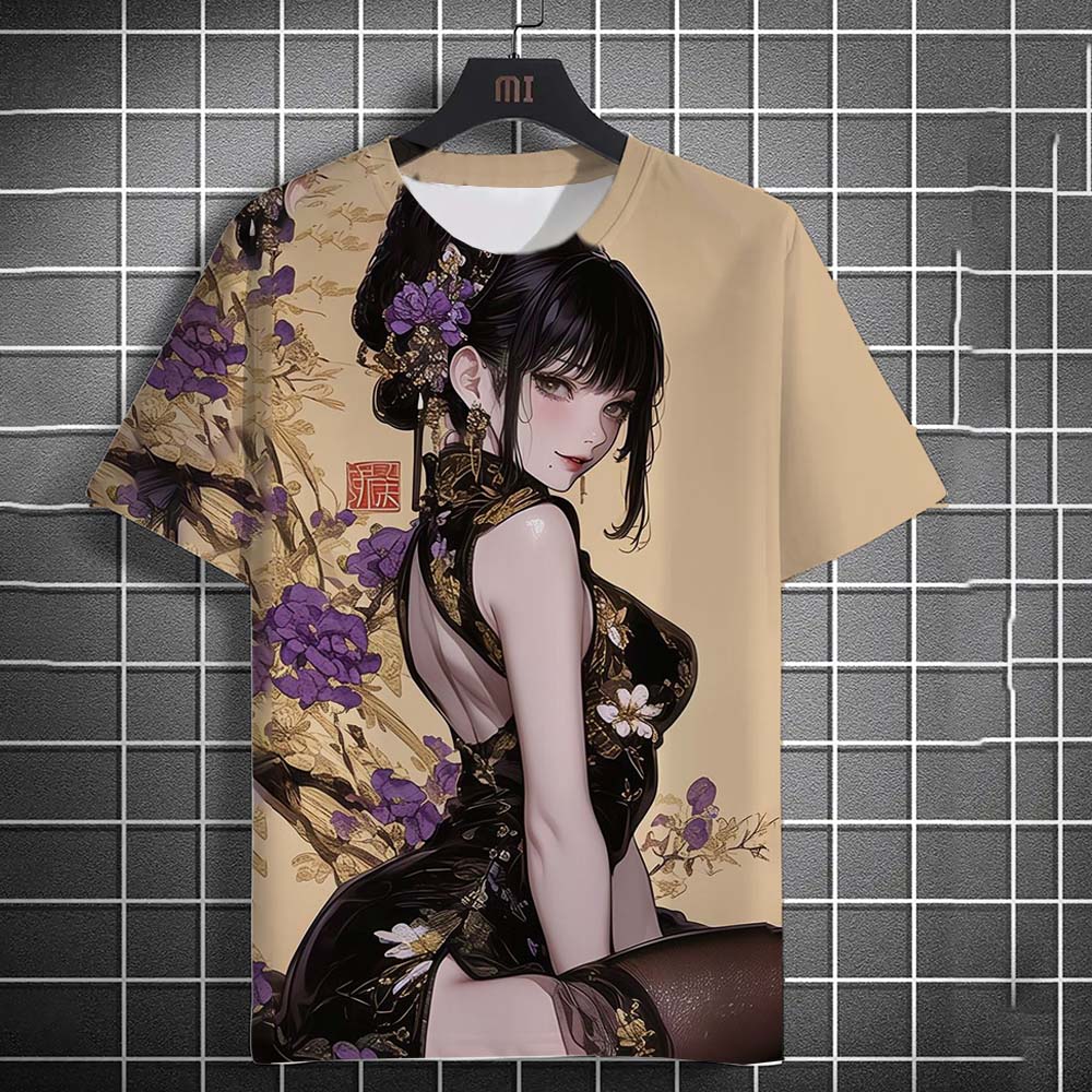 Tattoo Girl Pattern 3D Printed Top Fashionable Casual Short Sleeved Men's T-shirts - Soft Medium Stretch Polyester Fabric Summer Relaxed Fit Clothing
