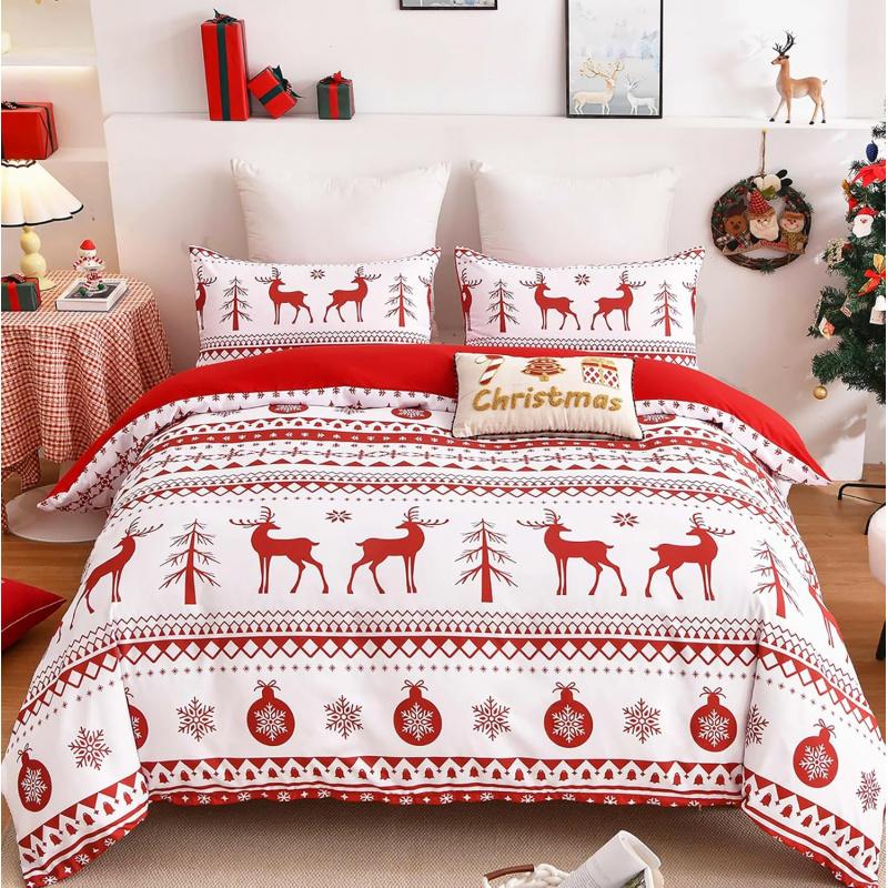 Christmas 3-piece Set With Red Reindeer Snowflake Pattern decoration, Soft ultra-fine Fiber Bedding Set