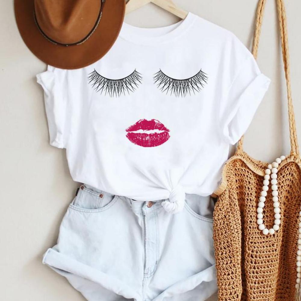 Make Up Letter Funny New Eye Eyelash Fashion Cartoon Summer Lady Print Tee Stylish T Top  Tshirts  Women Clothes