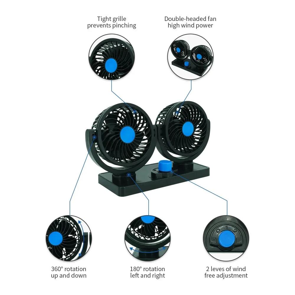 4 Inches Dual Head Car Fan 360° Adjustable Automobile Air Fans 12V 24V Cooling Fans Pure Copper Motor Low Noise Vehicle Desk Fan