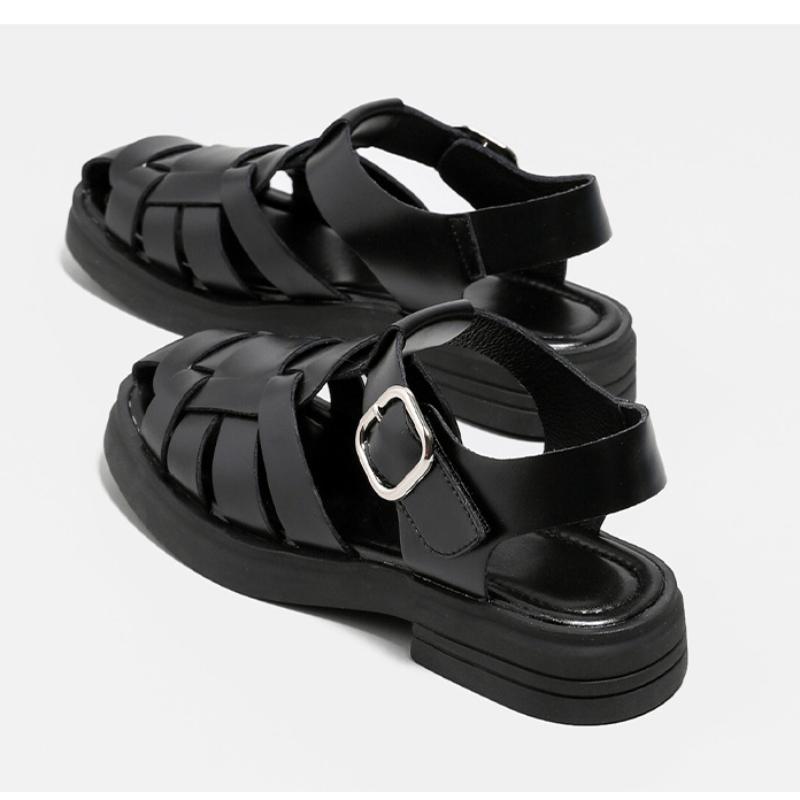 fashion Summer New Fashion Leather Casual Baotou Women's Flat Sandals Personality Trend Retro Woven Hollow Roman Casual Sandals