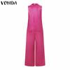 VONDA Women Sleeveless Satin Thin Jumpsuits V Neck Pockets Casual Long Rompers 