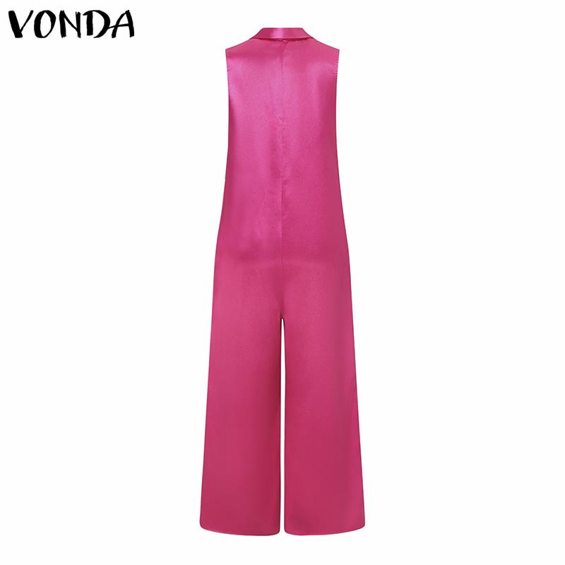 VONDA Women Sleeveless Satin Thin Jumpsuits V Neck Pockets Casual Long Rompers 