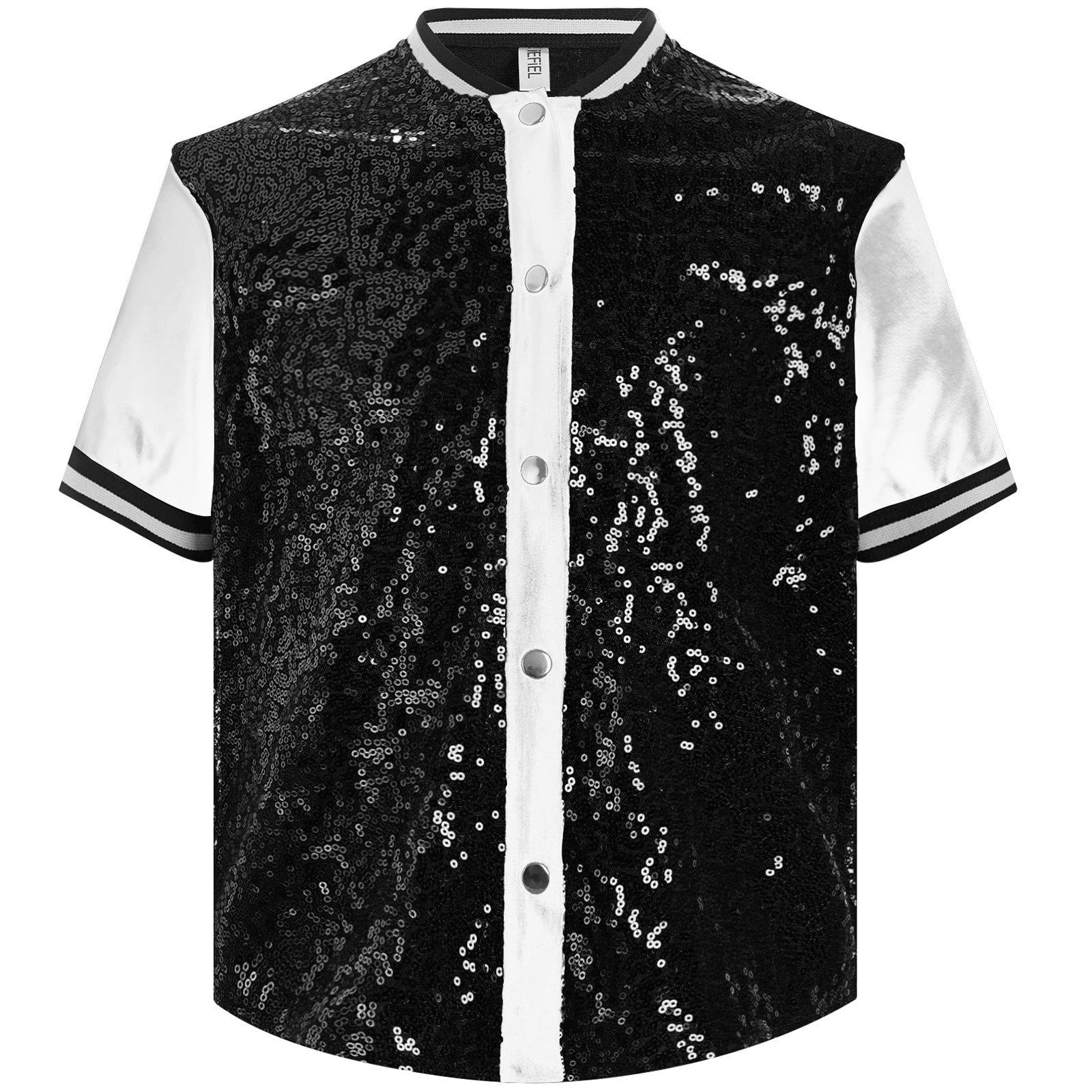 

Girls Sequins Top Short Sleeve Button Color Block Glittery T-Shirt Hip Hop Dance Performance 13-14 Years чорний