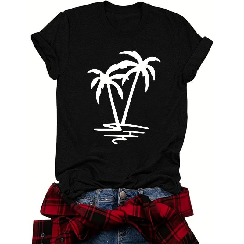 T-shirt Feminina da Moda Manga Curta Verão Estampa de Coqueiro Casual Tops