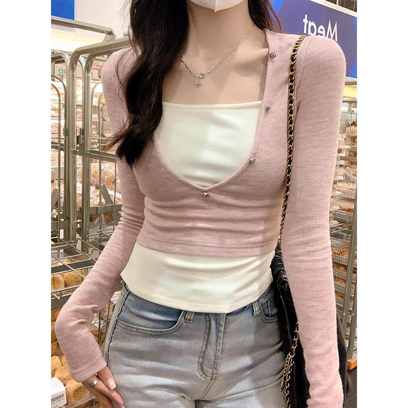 

Футболка с длинными рукавами для женщин на раннюю весну, полуоткрытый воротник, обтягивающая горячая девушка, чистое желание, нижняя часть футболки с синим и белым верхом внутри XL