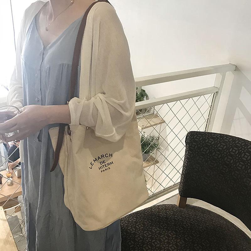 Korean Style Simple Canvas Bucket Bag Synthetic Leather Adjustable Straps Sling Bag For Women Simple Studen Christmas Gift