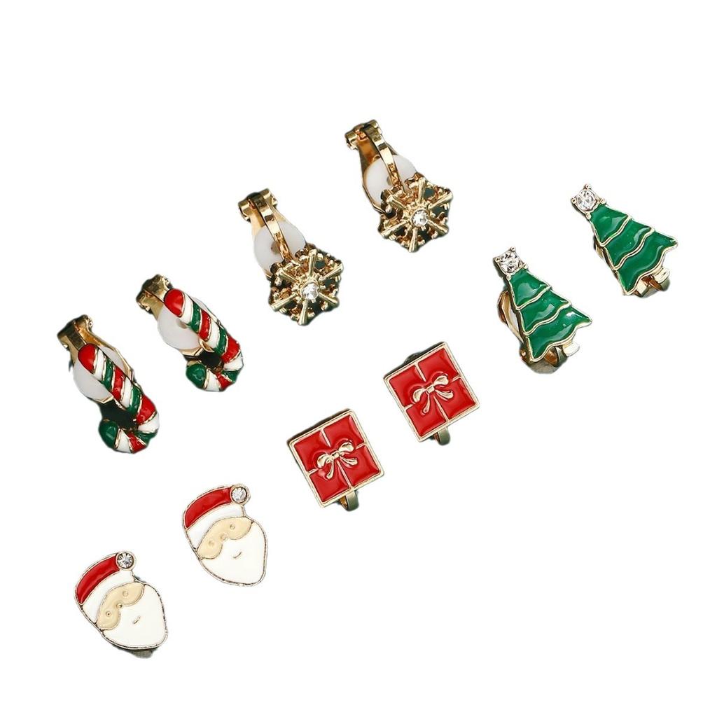 Hot Selling Cute Santa Claus Christmas Tree Ear Piercing Wearable Christmas Alloy Ear Clip Set