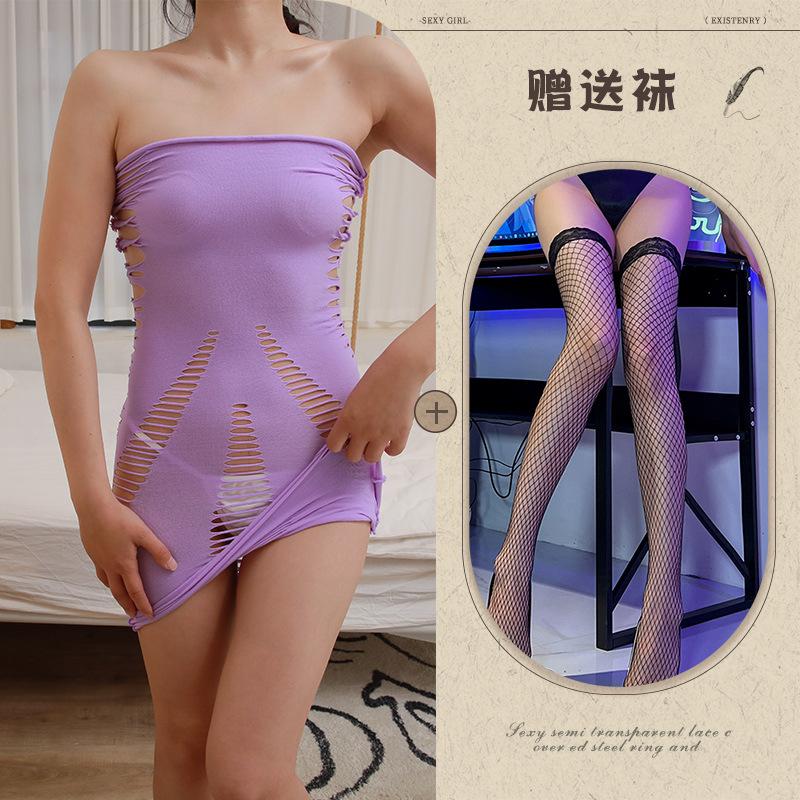 Hollow Chest Big Super Elastic Tight Short Skirt Sexy Spice Girl Torn Hip Wrap Dress Women