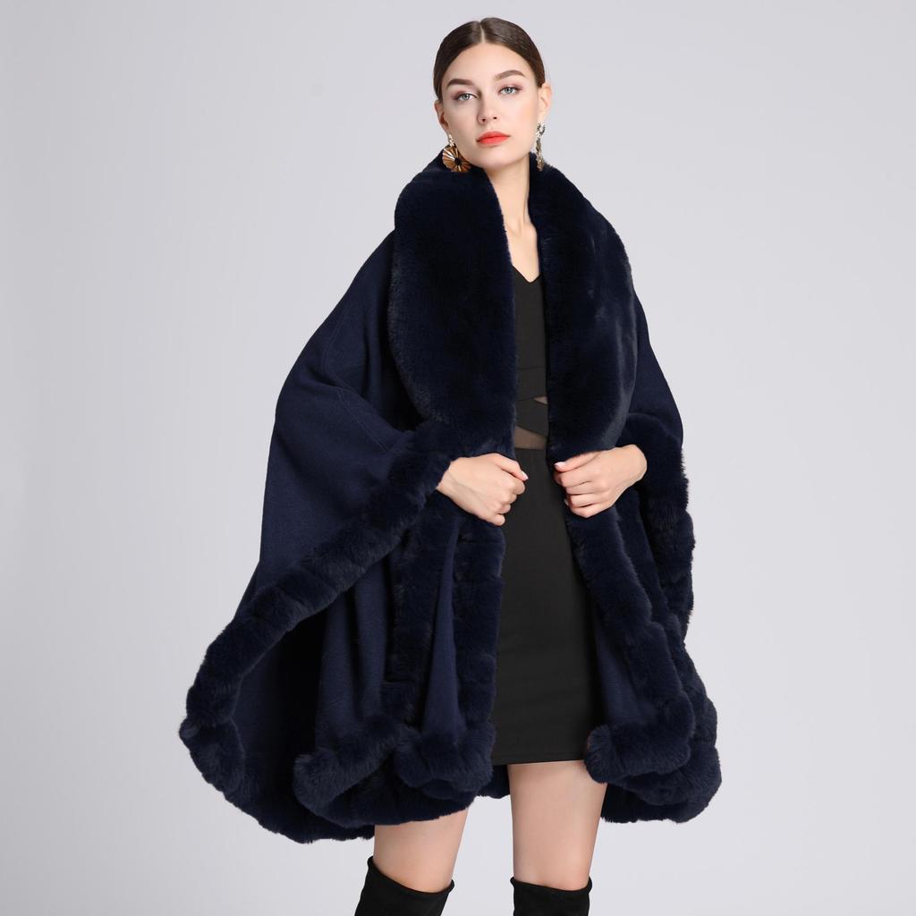 Elegant V Lapel Faux Rex Rabbit Fur Coat Cape Winter Women Big Long Shawl Full Trim Fur Knit Cloak Overcoat Large Size Parka