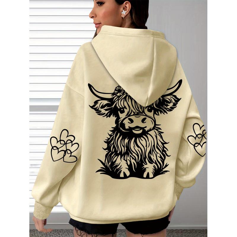 Damen Gemütlicher Hochlandrind & Pfotenabdruck Übergroßer Hoodie