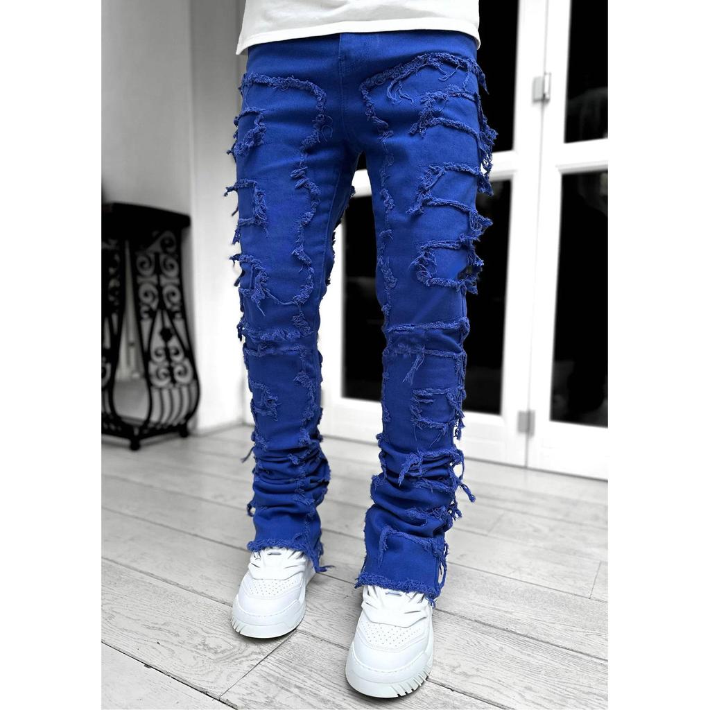 European & American Fashion Men's Straight-Leg Jeans with Tassel Patches
