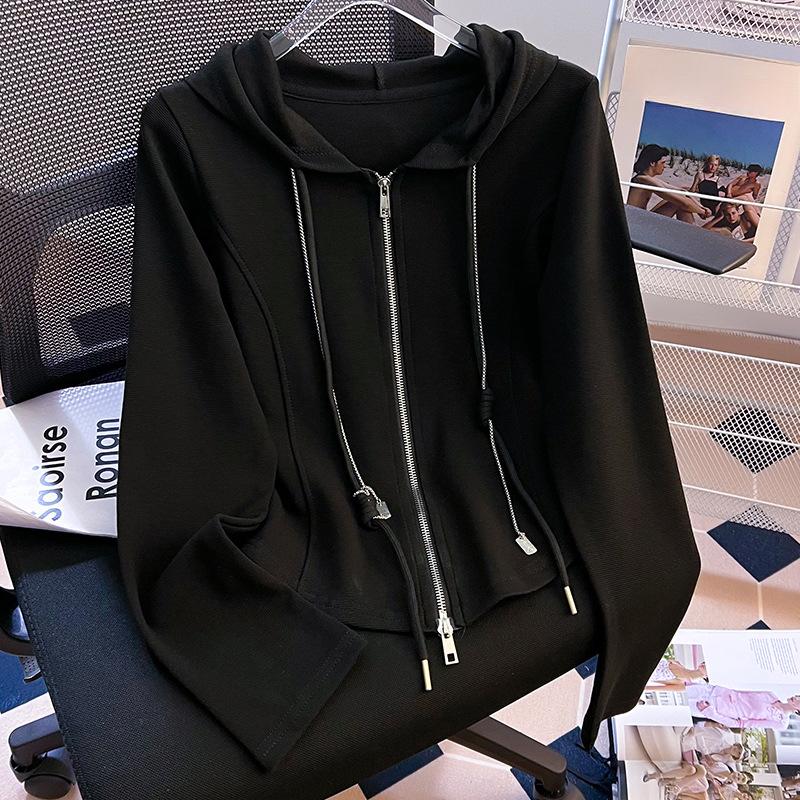 Gray Hooded Sweatshirt for Women Updated Autumn and Winter Thin Versatile Jacket Double Zipper Slim Fit Slim Pullover Top