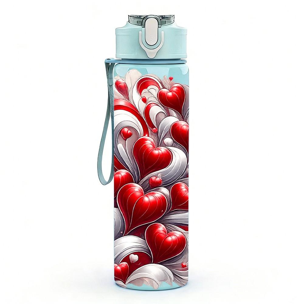 1PC Red White Heart Rose Abstract Print 750ml Color Plastic Sports Water Bottle Leakproof Flip Straw Lid Suitable for Sports Office Home Use