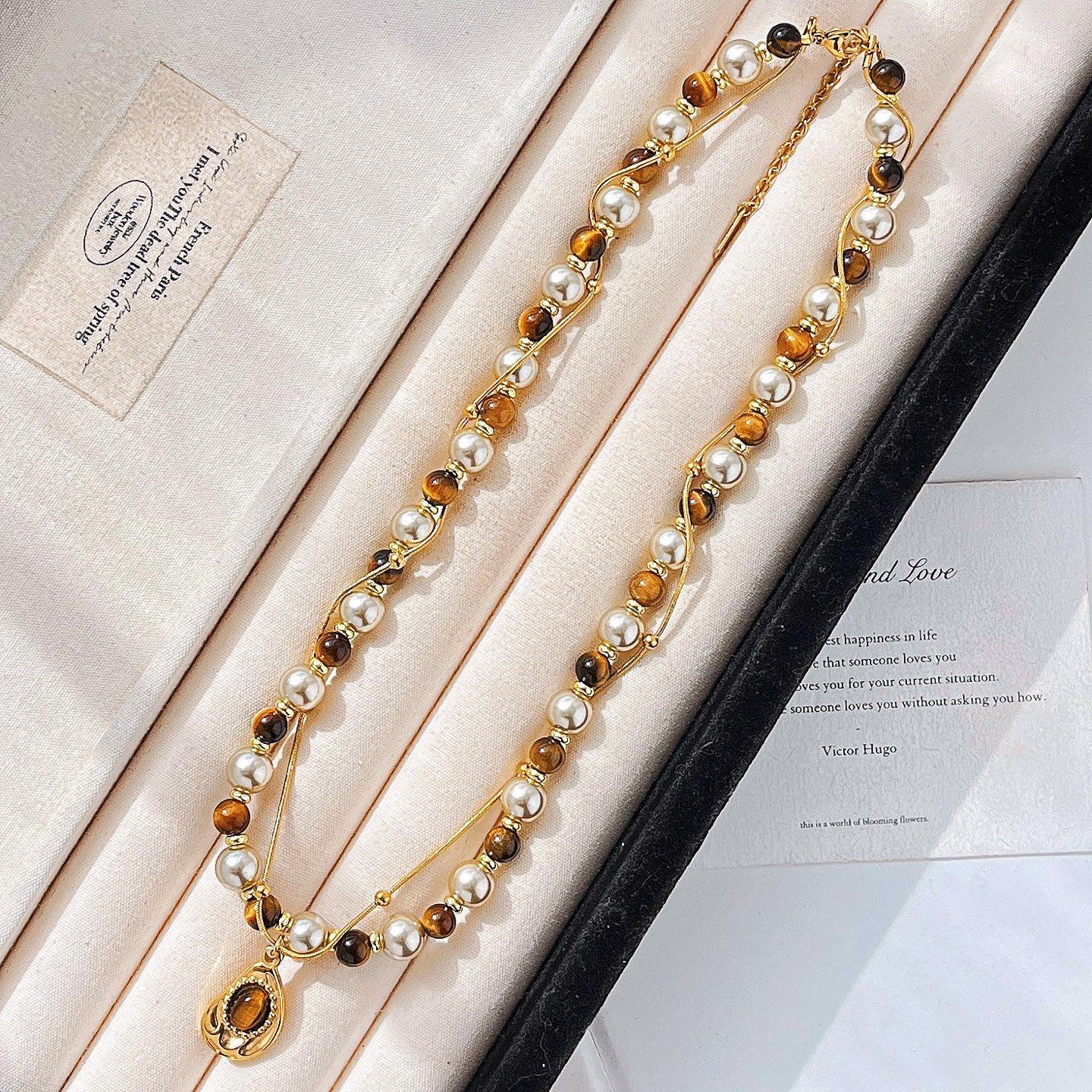 

Autumn And Winter Maillard Natural Boutique Tiger S Eye Stone Brown Highlight Shijia Artificial Crystal Pearl Collarbone Chain Necklace