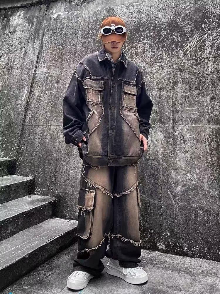 American Retro Rough Edge Washing Gradual Change Denim Jacket Men'S And Women'S Season American High-End Lapel Jacket