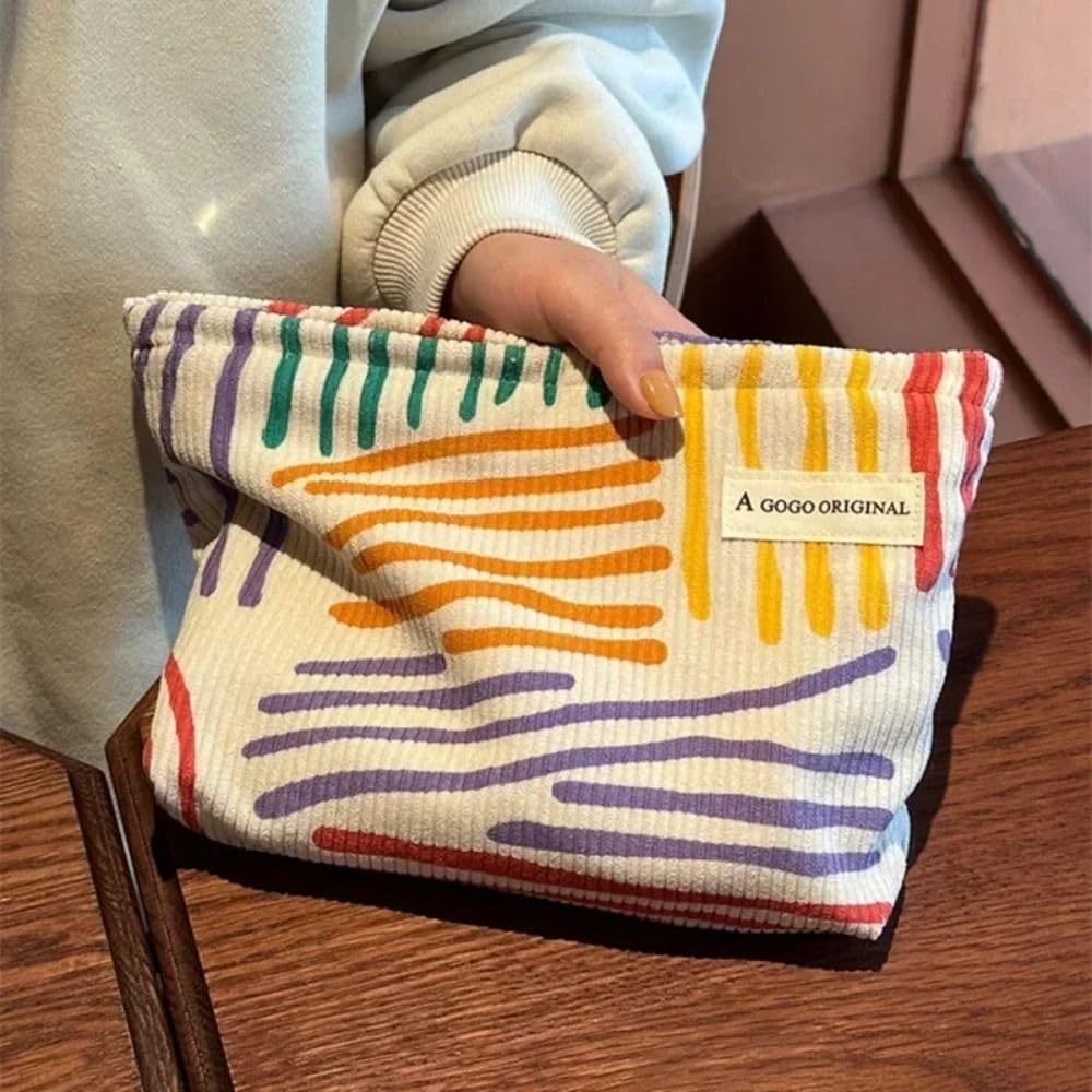 Travel Cosmetic Fashionable Corduroy with Crushed Colors and Makeup Beauty Storage Makeup Clutch Bag Women's Bag, Stripes, Pouch, Case, Organizer,