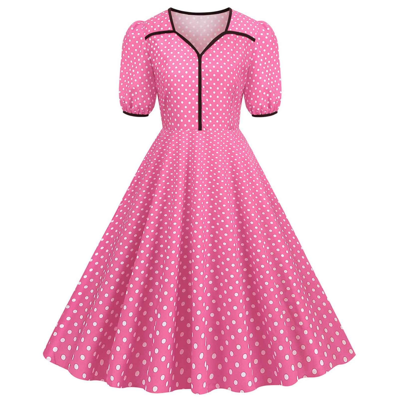 Women s Polka Dot Fashion Short Sleeve V-Neck Slim And Thin Retro Hem Dress M розовый