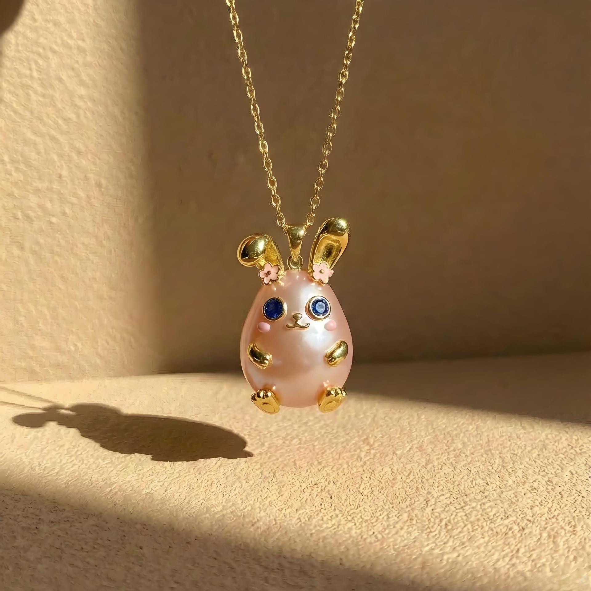 Pink Rabbit Pearl Cherry Blossom Pendant Necklace Animal Shape Sweet Cute Niche Necklace Electroplating