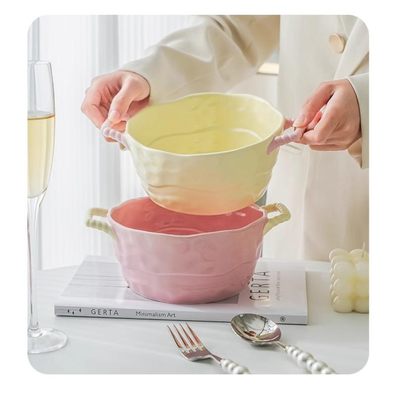 Double Ear Ceramic Soup Bowl Household Large Capacity Fruit Salad Bowl Instant Noodle Bowl
