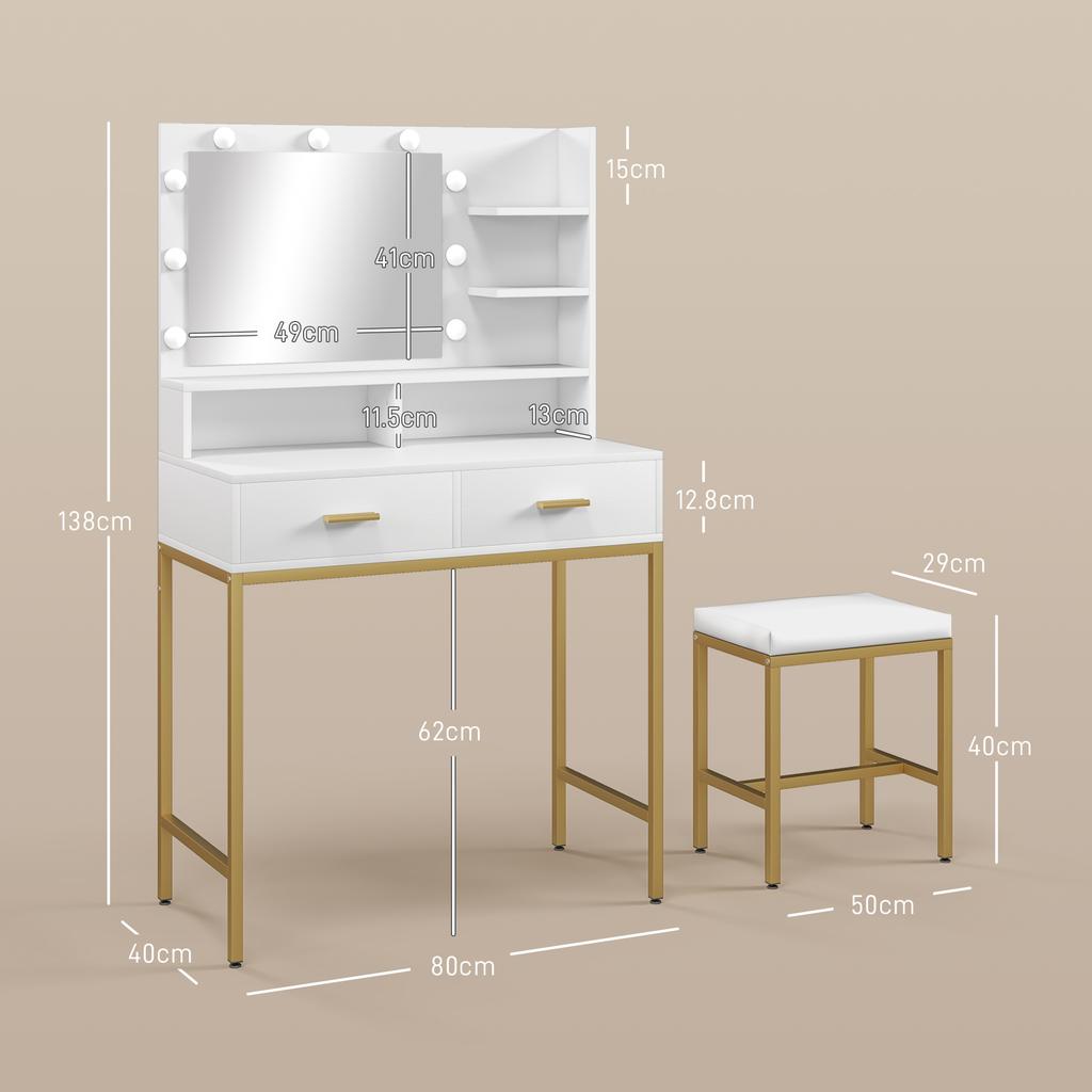 Schminktisch mit Spiegel, 2 Schubladen, 5 Regalen und Hocker, aus MDF und Spanplatte, 80x40x138 cm, Weiß