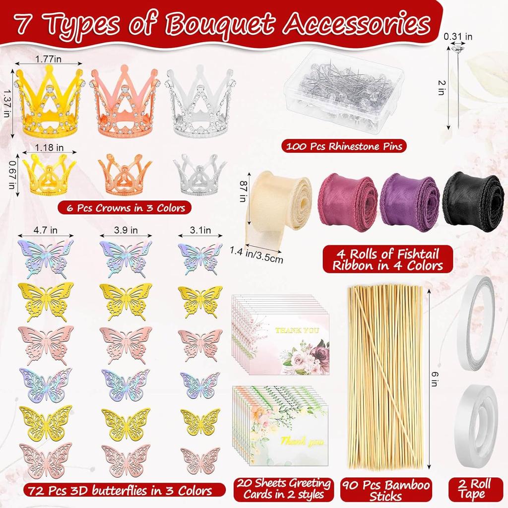 334Pcs Flower Wrapping Paper Kit, 40 Sheets Bouquet Wrapping Paper In 4 Colors, 100 Diamond Pins 60 Gold Butterflies 4 Ribbon 6 Gold Crowns 20 Cards