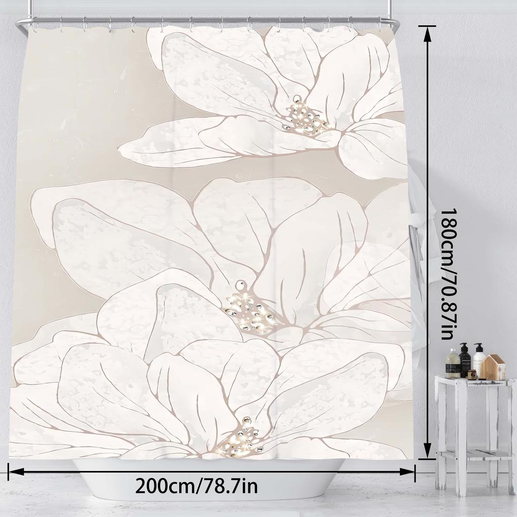 1 Modern Floral Shower Curtain - Polyester Bathroom Decor, White Flowers and Beige Background, Machine Washable, Modern Decor