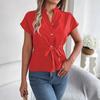 Summer Women's Chiffon Short Sleeve V-neck Button Down Shirt Elegant Casual Blouse With Waist Belt