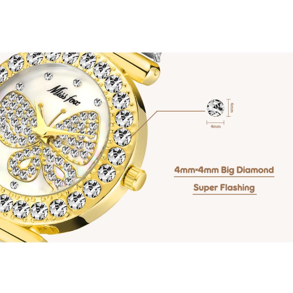 Butterfly Rhinestone Quartz Watch For Women Round Full Diamond Bezel Shell Dial Luxury Alloy Bracelet Elegant Party Waterproof Wristwatch