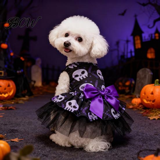 Puppy Dress Halloween Dog Tulle with Bow, Skull Print Pet Outfit, Girl Party Costume for Small Dogs Cats Comfortable Clothing
