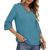 Women Loose Fit V Neck Pullover Top with Hollow Out Trim Three Quarter Sleeve Casual Blouse for Daily Wear Office Home