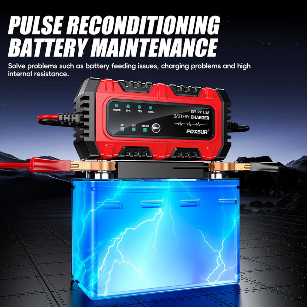 FOXSUR 6V 12V 1.5A Automatic Smart Battery Charger Trickle Maintainer Pulse Repair for Car Motorcycle AGM GEL Lead-Acid Batteries