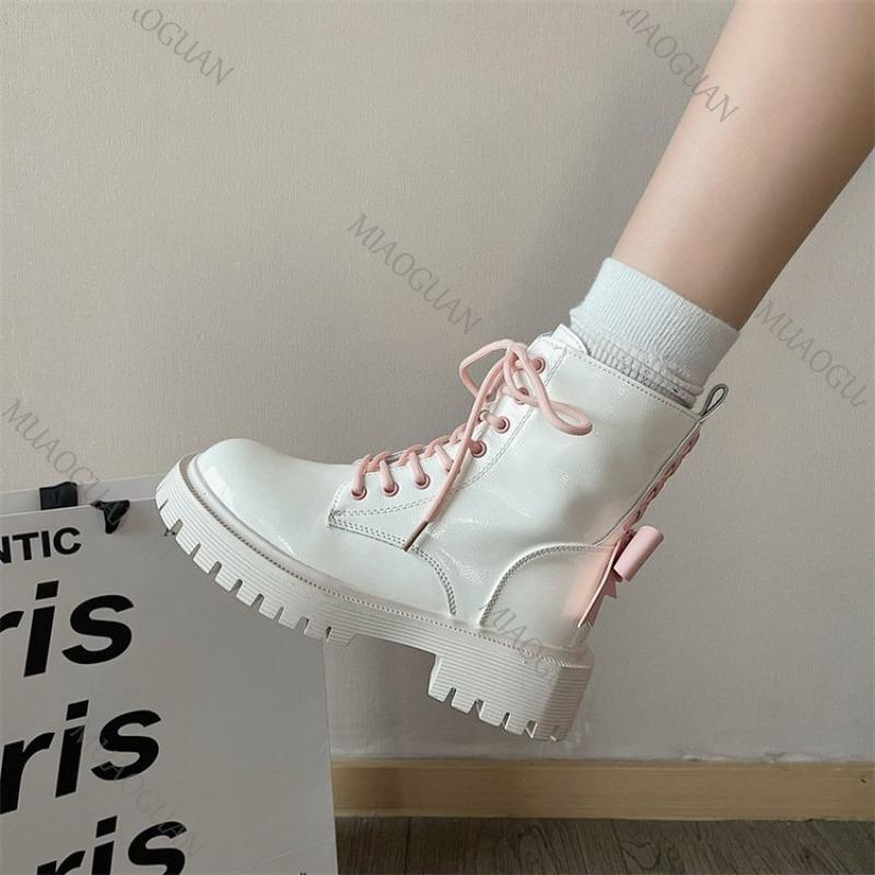 Fashion Punk Chunky Platform Motorcycle Boots Women Fashion Bowknot Lace-up Thick Bottom Ankle Boots Woman Autumn Winter Gothic Shoes
