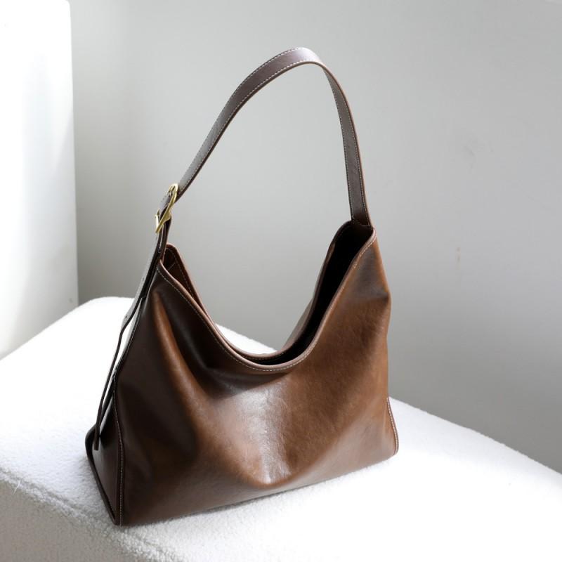 Large Capacity Vintage Leather Shoulder Bag Women Soft Genuine Cowhide Tote With Zip Interior Pockets