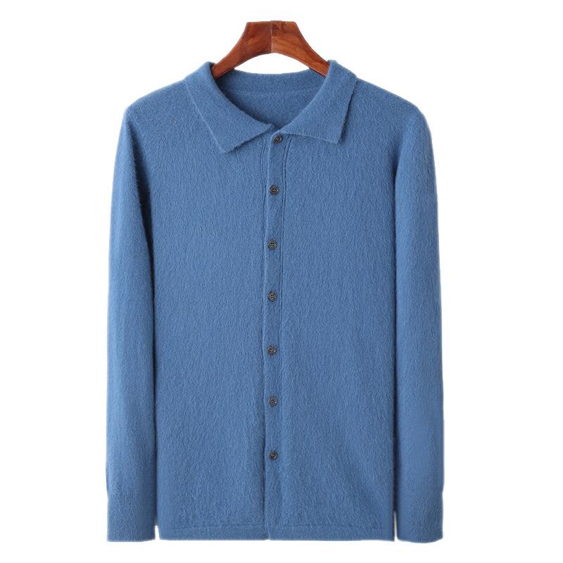 Autumn And Winter Mink Sweater Cardigan Men'S Trend Solid Color Button-Up Polo Collar Loose Shirt Collar Jacket Top