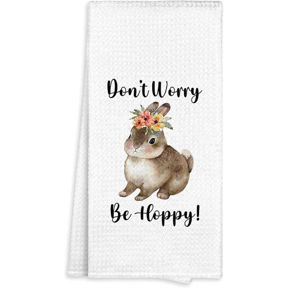 Bunny Rabbit Kitchen Towel Gifts for Bunny Lovers Decorative, Don t Worry Be Hoppy Dish Towels Dishcloths Tea Towels, Rabbit Waffle Weave Microfiber Bunny