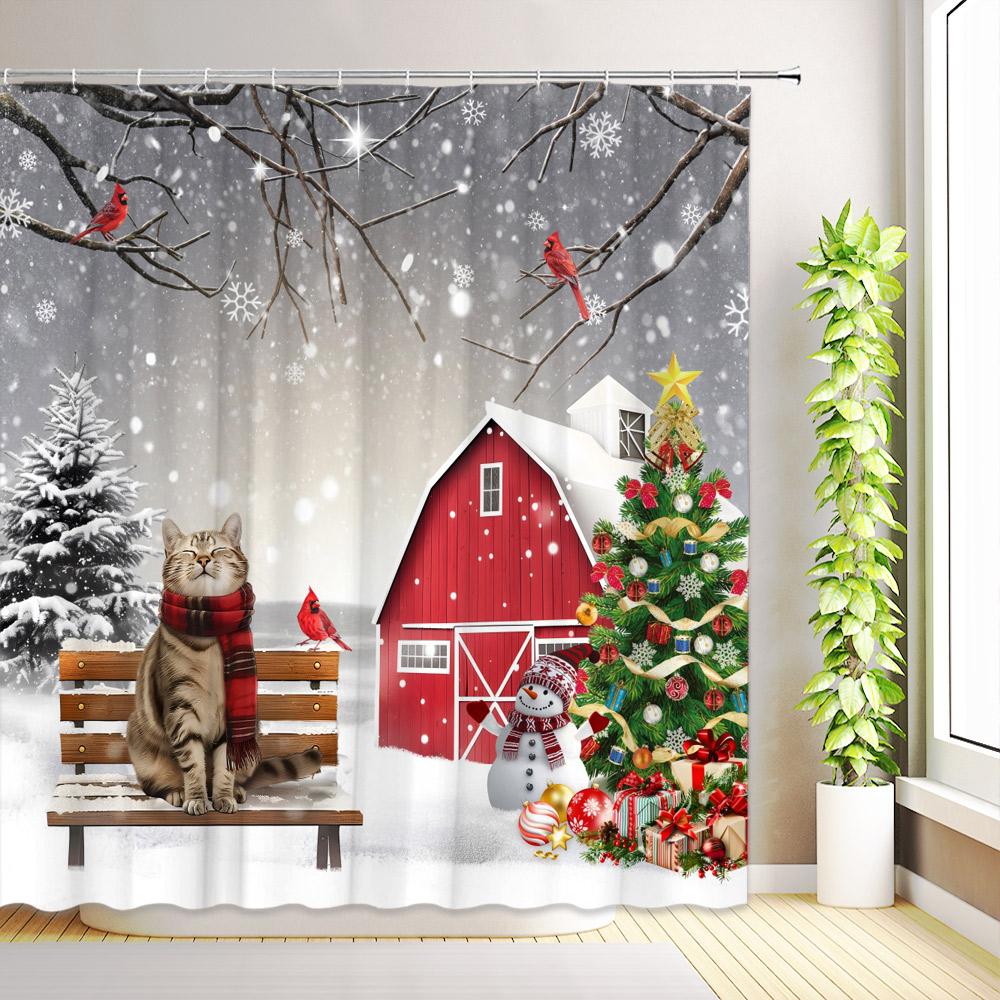 Christmas Shower Curtains Santa Claus Farmhouse Cabin Snowman Snowflakes Winter Gifts Xmas Holiday Bathroom Decor with Hooks